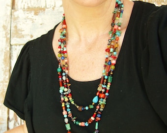 Multi Color Necklace. Multi Semi Precious Stone Necklace. Three Strand Graduated Long Necklace. Colorful Long Necklace. Colorful Jewelry