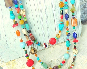 Long Semi Precious Stone Necklace. Three Strand Graduated Gem Stone Necklace. Colorful multi Strand Necklace. Semi Precious Stone Jewelry