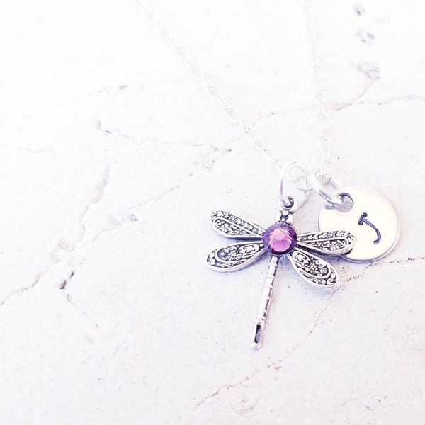 Birthstone Dragonfly Necklace. Birthstone Necklace with Initial. Children's Jewelry. Birthstone Jewelry.Birthday Gift. Dragonfly Jewelry