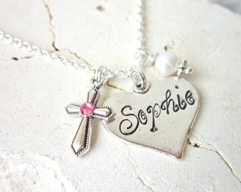 Children's Birthstone Cross Necklace. Girl's Stamped Name & Date Cross Necklace. Baptism Gift. First Communion Gift. Confirmation Gift