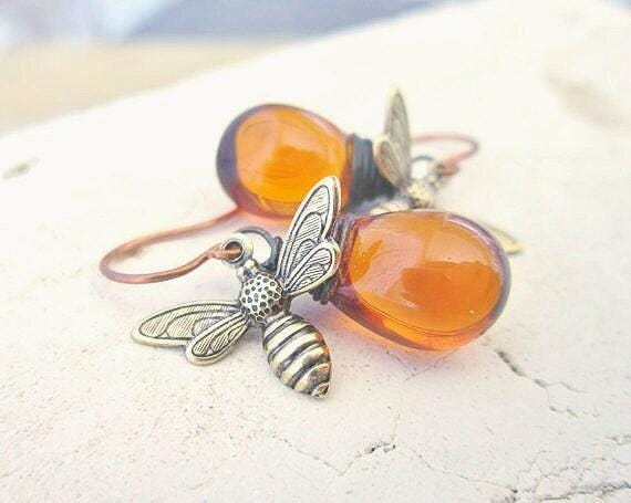 Honey Bee Jewelry.honey Bee Earrings. Wire Wrapped Drops Honey