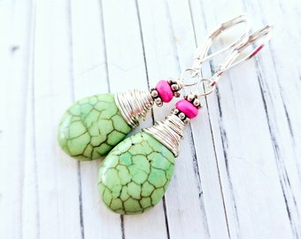 Green and Pink Turquoise Earrings. Green Turquoise Howlite Dangle Earrings. Green and Pink Earrings. Turquoise Jewelry. Apple Green Jewelry