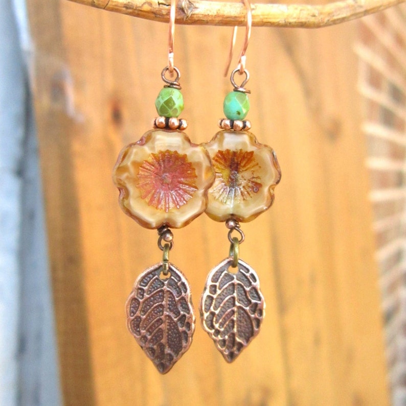 Czech Glass Flower Earrings.Brown Glass Flower Bead & Copper Leaf Dangle Earrings.Copper Flower Earrings.Czech Glass Jewelry. Rustic Jewelry image 2