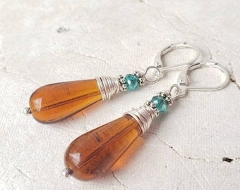 Glass Amber Earrings. Wire Wrapped Briolette Earrings. Amber and Turquoise Dangle Earrings. Glass Earrings. Amber Jewelry. Glass Jewelry