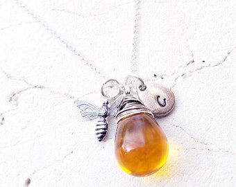 Silver Honey Bee Necklace. Wrapped Citrine Teardrop Initial Necklace. Personalized Gift for Nature Lover. Bee Jewelry. Glass Citrine Jewelry