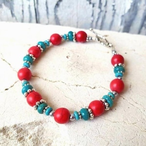 Genuine Turquoise & Red Coral Bracelet. Turquoise Toggle Bracelet. Genuine Turquoise Jewelry.Southwest Jewelry. Semi Precious Stone Bracelet