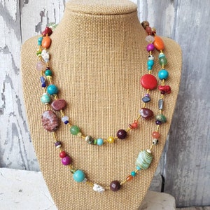 Semi Precious Stone Necklace. Colorful Seed Bead Necklace. Multi Color Jewelry. Multi Stone Jewelry. Semi Precious Stone Jewelry