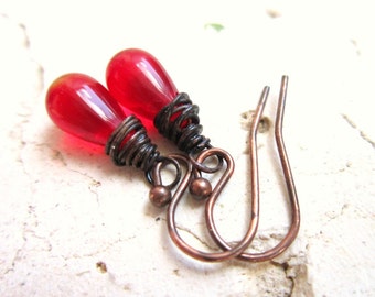 Tiny Ruby Czech Glass Red Earrings. Petite Wire Wrapped Teardrop Dangle Earrings. Red Jewelry. Valentines Jewelry. Red Holiday Jewelry