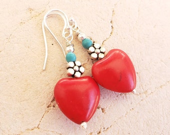Red Heart Turquoise Earrings. Turquoise Howlite Dangle Earrings.Silver Flower Earrings.Howlite Turquoise Earrings. Red and Turquoise Jewelry