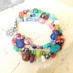 Semi Precious Stone Bracelet. Multi Color Bracelet. Colorful Triple Strand Bracelet. Multi Color Jewelry. Colorful Jewelry. Sundance Style