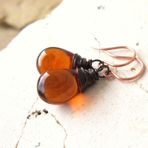 Amber Drop Earrings.wire Wrapped Briolette Earrings.amber Dangle Earrings.honey Glass Earrings