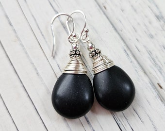 Black Onyx Earrings. Black and Sterling Silver Wire Wrapped Dangle Earrings. Black Earrings. Black Stone & Bali Earrings. Black Onyx Jewelry