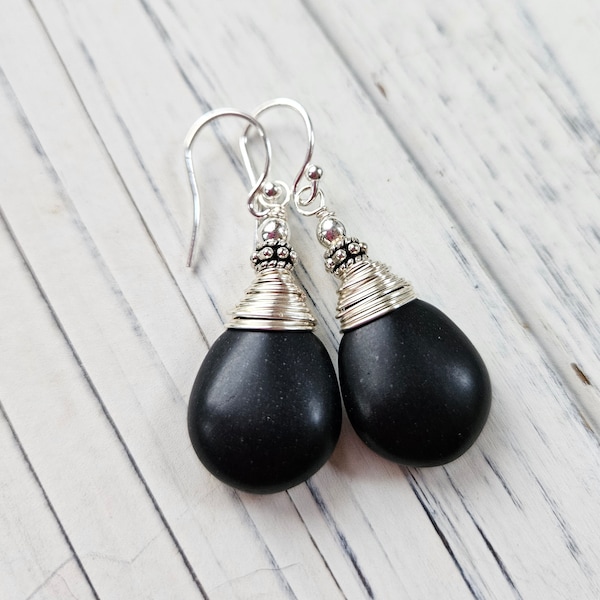 Black Onyx Earrings. Black and Sterling Silver Wire Wrapped Dangle Earrings. Black Earrings. Black Stone & Bali Earrings. Black Onyx Jewelry