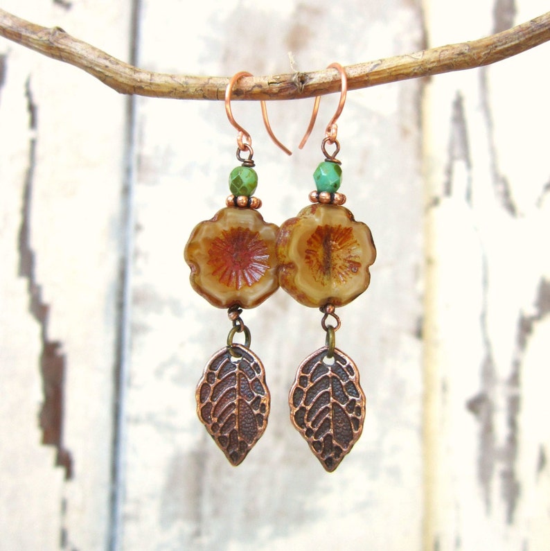 Czech Glass Flower Earrings.Brown Glass Flower Bead & Copper Leaf Dangle Earrings.Copper Flower Earrings.Czech Glass Jewelry. Rustic Jewelry image 4