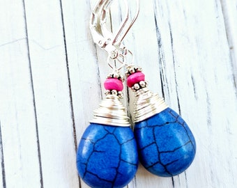 Pink and Blue Turquoise Earrings. Bright Blue Turquoise Howlite Dangle Earrings. Pink Turquoise Earrings. Blue and Turquoise Jewelry. Pink