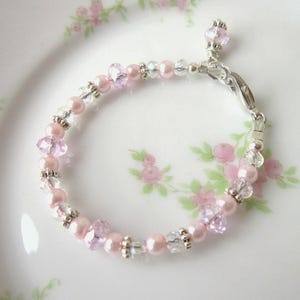 Children&#39;s Bracelet. Girl&#39;s Pink Crystal & Pearl Bracelet. Baptism Gift. First Holy Communion. Children&#39;s Jewelry