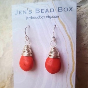 Orange Earrings. Orange Howlite Dangle Earrings. Orange and Silver Wire Wrapped Drop Earrings. Dark Orange Jewelry. Orange Autumn Jewelry