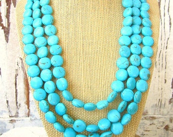 Turquoise Multi Strand Necklace.Triple Strand Turquoise Necklace. Bib Necklace. Howlite Turquoise Jewelry. Turquoise Bridesmaid Jewelry