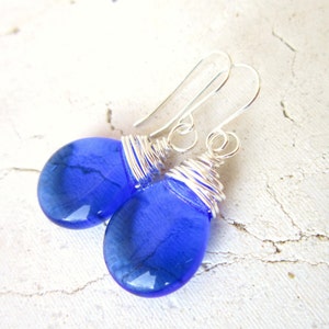 Clear Blue Earrings. Wire Wrapped Glass Dangle Earrings. Blue Glass Earrings. Royal Blue Glass Jewelry. Blue Jewelry. Sapphire Earrings