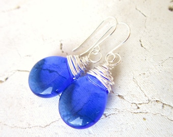 Cobalt Blue Drop Earrings. Wire Wrapped Glass Dangle Earrings. Blue Glass Earrings. Royal Blue Glass Jewelry