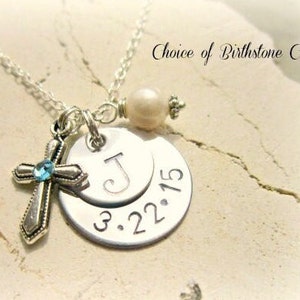 Girl&#39;s First Communion Gift.  Birthstone Cross Necklace With Stamped Date & Initial Charm Necklace.Birthstone Jewelry. Childs Baptism Gift
