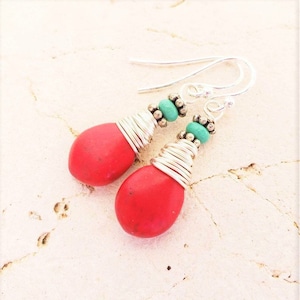 Wire Wrapped Red and Turquoise Earrings. Silver Red Earrings.Red Dangle Earrings.Red and Turquoise Drop Earrings. Red and Turquoise Jewelry