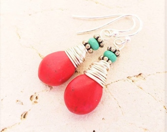 Wire Wrapped Red and Turquoise Earrings. Silver Red Earrings.Red Dangle Earrings.Red and Turquoise Drop Earrings. Red and Turquoise Jewelry