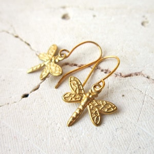 Tiny Gold Dragonfly Earrings.Gold Drop Earrings.Dragonfly Dangle Earrings.Dragonfly Jewelry.Gift for Dragonfly Lover. Remembrance Jewelry