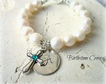 Girls Baptism Gift. First Communion Gift. Personalized Baptism Bracelet. Communion Jewelry. Birthstone Bracelet. Pearl Personalized Bracelet