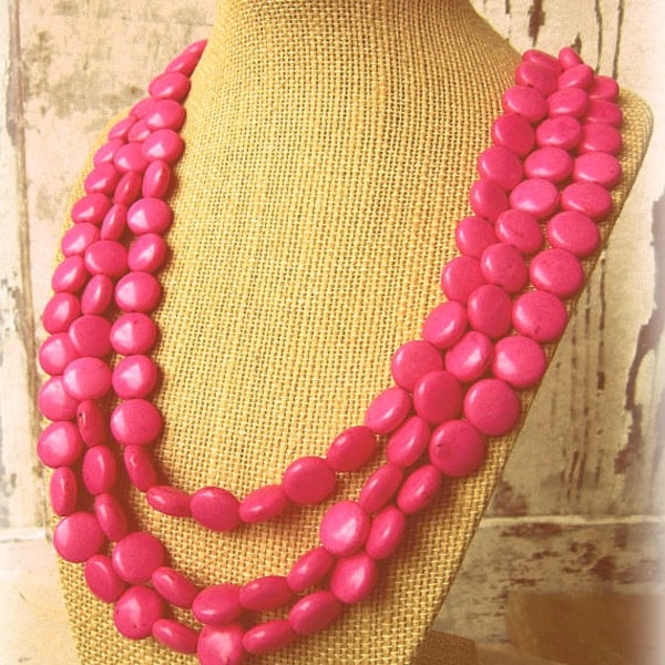 Pink Turquoise Statement Necklace.Triple Strand Pink Howlite Necklace. Bib Necklace. Pink Jewelry. Pink Necklace. Pink Bridesmaid Jewelry