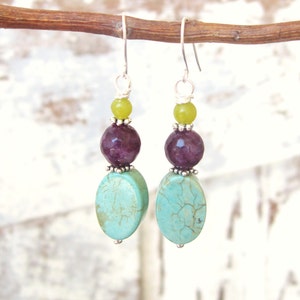 Semi Precious Stone Earrings. Multi Stone Turquoise Earrings. Dangle Earrings. Multi Color Earrings