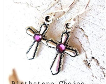 Boucles d'oreilles croix avec pierre de naissance. Boucles d'oreilles en cristal avec pierre de naissance. Cadeau de première communion. Bijoux croisés. Cadeau religieux. Cadeau pour fille ou femme