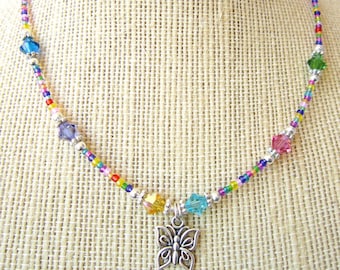 Colorful Child's Butterfly Necklace.Girl's Butterfly Multi Color Necklace. Child's Spring Jewelry. Children's Jewelry. Girl's Christmas Gift