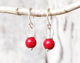 Petite Red Turquoise Earrings. 6mm Howlite Red Dangle Earrings. Tiny Round Red Turquoise Earrings. Red Small Earrings. Christmas Earrings