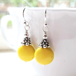Mustard Yellow Earrings. Yellow Howlite Earrings. Yellow Stone & Silver Dangle Earrings. Yellow Jewelry. Yellow Stone Jewelry. Gift for Her
