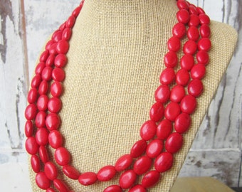 Red Turquoise Statement Necklace. Red Triple Strand Necklace. Adjustable Bib Necklace. Red Jewelry. Bridesmaid Jewelry. Red Wedding
