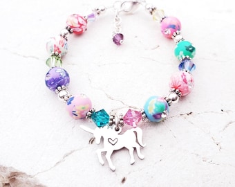 Colorful Girl's Unicorn Bracelet. Colorful Unicorn Jewelry. Girls Birthday Gift. Pearl and Swarovski Crystal Bracelet.Gift for Unicorn Lover