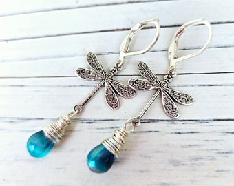 Blue Dragonfly Earrings. Blue Glass Earrings. Gemstone Dangle Earrings. Ocean Blue Birthstone Jewelry. Dragonfly Jewelry. Blue Glass Jewelry