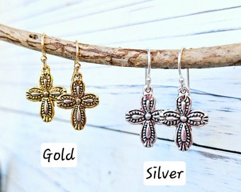 Gold or Silver Cross Earrings. Cross Dangle Earrings. Cross Jewelry. First Communion Gift for Her. Cross Jewelry. Religious Gift for Her