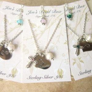 Girl&#39;s Heart Initial & Pearl Charm Necklace. Children&#39;s Birthstone Cross Necklace. Baptism Gift. First  Communion Gift. Birthstone Jewelry