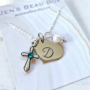 Personalized Birthstone Cross Necklace. Girl&#39;s Cross Birthstone Necklace. Girls First Communion Gift.Birthstone Jewelry.Personalized Jewelry