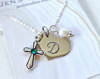 Personalized Birthstone Cross Necklace. Girl's Cross Birthstone Necklace. Girls First Communion Gift.Birthstone Jewelry.Personalized Jewelry