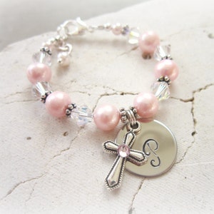 Girls Pearl Bracelet. Baby Gift. Girls Baptism Gift. Religious Gift for Baby Girl. Girls Religious Jewelry. Pink Pearl Bracelet. Baby Gift