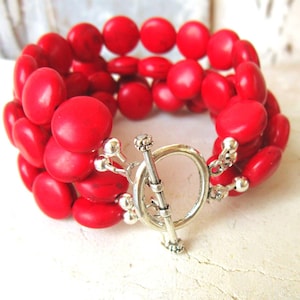 Red Beaded Bracelet Women&#39;s. Four Strand Red Bracelet. Red Semi Precious Stone Bracelet. Red Chunky Bracelet. Red Jewelry.Red Beaded Jewelry