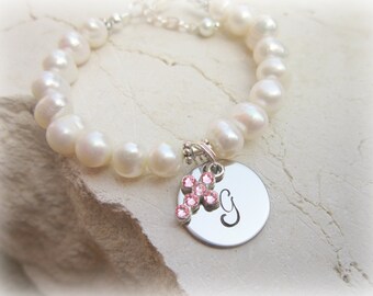 Girls Baptism Gift.Pink Crystal Cross Bracelet.Girl's Personalized First Communion Gift.Genuine Baby Pearl Bracelet.Christening Jewelry