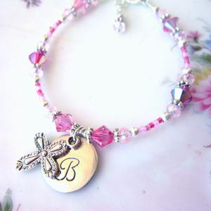 Children&#39;s Cross Bracelet. Girl&#39;s Stamped Initial Bracelet. Baptism Gift. First Communion Gift. Children&#39;s Jewelry. Personalized Jewelry