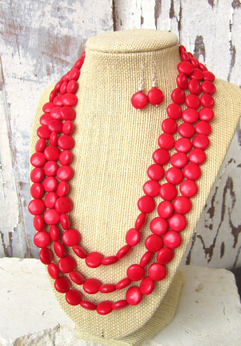 Red Turquoise Necklace.Triple Strand Red Howlite Necklace. Red Statement Necklace. Red Jewelry. Red Necklace. Red Bridesmaid Jewelry image 5