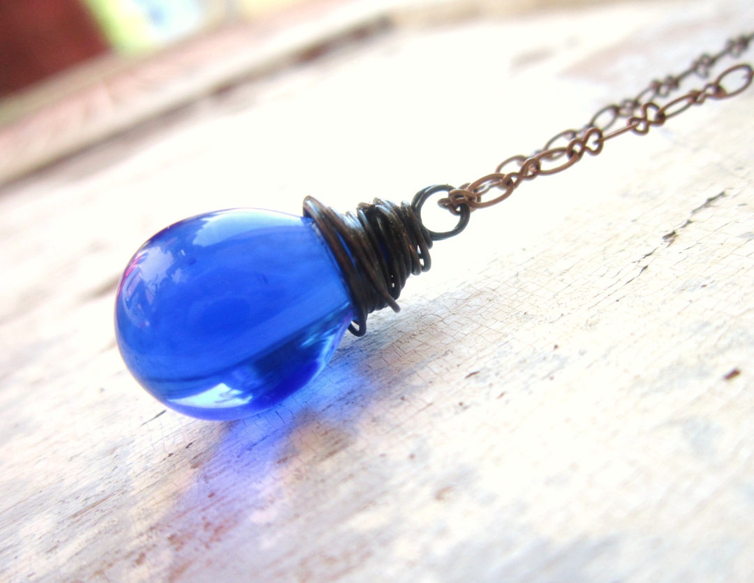 Cobalt Blue Glass Necklace.blue Wire Wrapped Briolette Necklace.blue