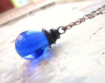 Cobalt Blue Glass Necklace.Blue Wire Wrapped Briolette Necklace.Blue Glass Pendant Necklace.Cobalt Blue Glass Jewelry.Personalized Jewelry