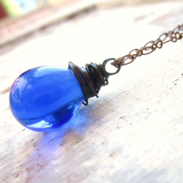 Cobalt Blue Glass Necklace.Blue Wire Wrapped Briolette Necklace.Blue Glass Pendant Necklace.Cobalt Blue Glass Jewelry.Personalized Jewelry